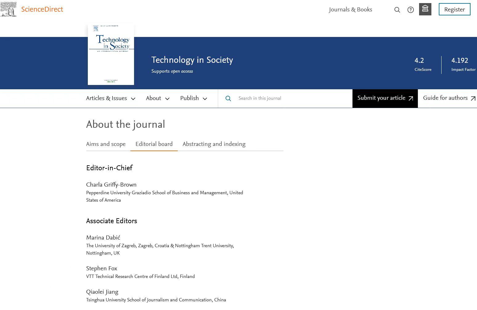 20210816-新闻学院副教授蒋俏蕾受聘担任SSCI期刊Technology in Society副主编-网络截图-Technology in Society 期刊当前的编者介绍栏.jpg