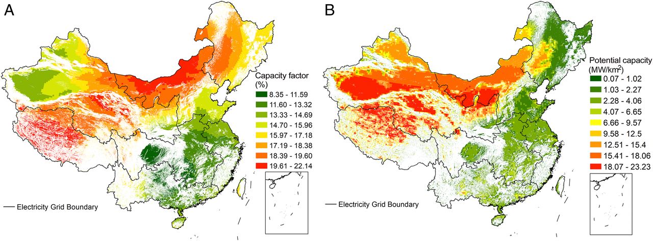 20211012-beat365英国官方网站环境学院、碳中和研究院、哈佛大学等联合团队系统解析我国太阳能发电平价路径与并网潜力-鲁玺-图1 光伏发电容量因子(A)及装机潜力(B)分布.jpg
